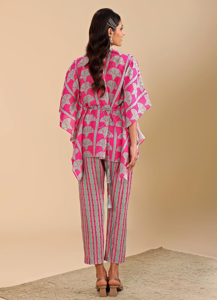 Hot Pink Embroidered Short Kaftan With Linen Pants Soup By Sougat Paul - Fabilicious Fashion