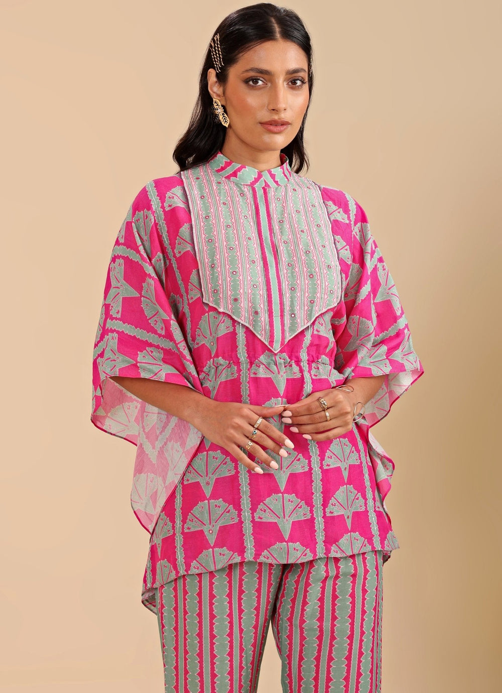 Hot Pink Embroidered Short Kaftan With Linen Pants Soup By Sougat Paul - Fabilicious Fashion