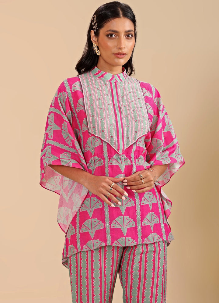 Hot Pink Embroidered Short Kaftan With Linen Pants Soup By Sougat Paul - Fabilicious Fashion