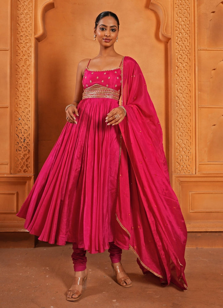 Hot Pink Embroidered Silk Anarkali Set Enamour by Radha - Fabilicious Fashion