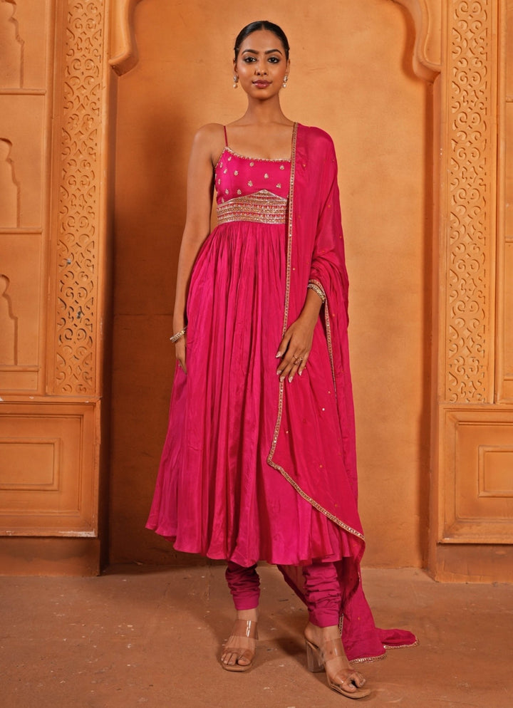 Hot Pink Embroidered Silk Anarkali Set Enamour by Radha - Fabilicious Fashion