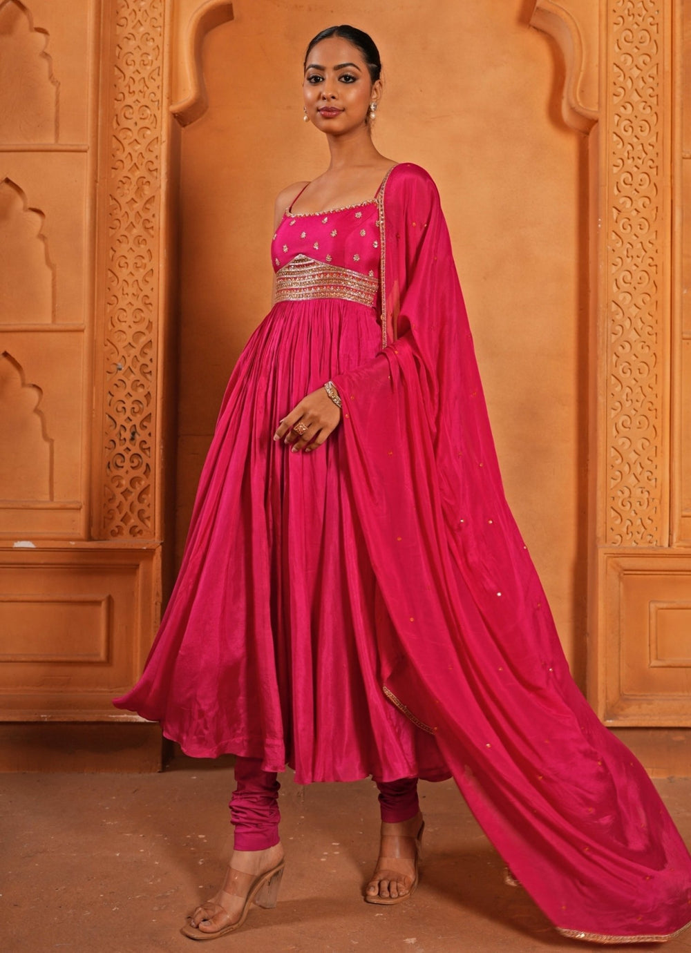 Hot Pink Embroidered Silk Anarkali Set Enamour by Radha - Fabilicious Fashion
