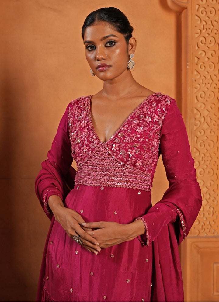 Hot Pink Embroidered Silk Anarkali Enamour by Radha - Fabilicious Fashion