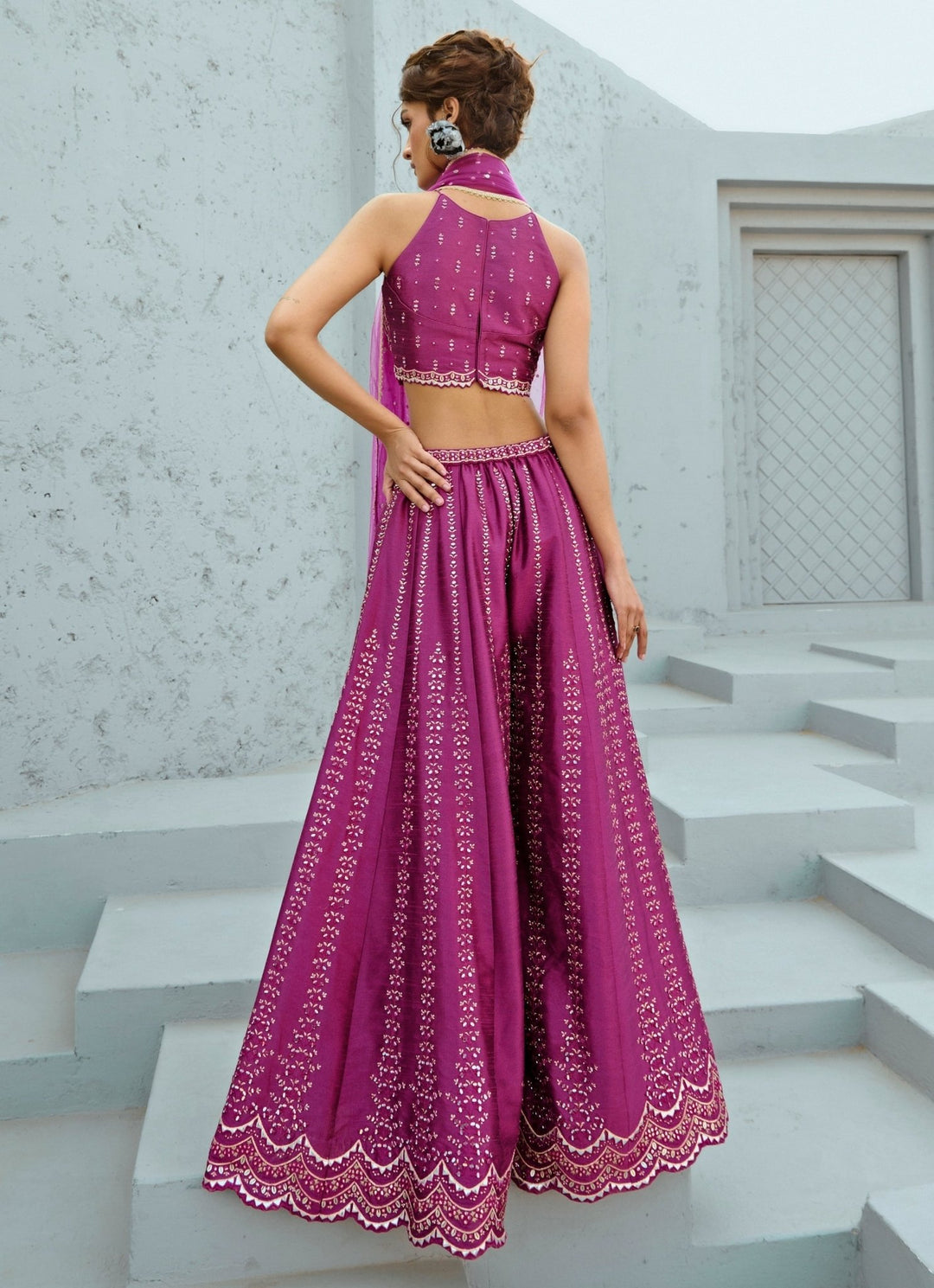 Hot Pink Embroidered Silk Blouse Palazzo Set Chamee and Palak - Fabilicious Fashion