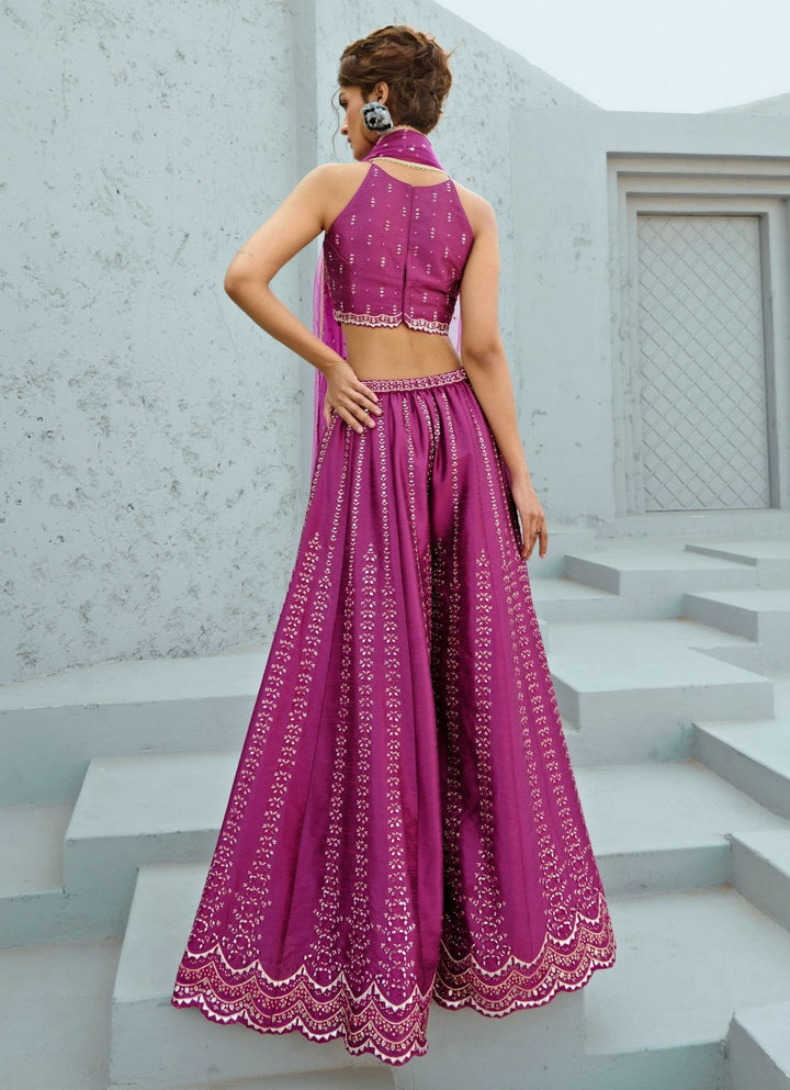 Hot Pink Embroidered Silk Blouse Palazzo Set Chamee and Palak - Fabilicious Fashion