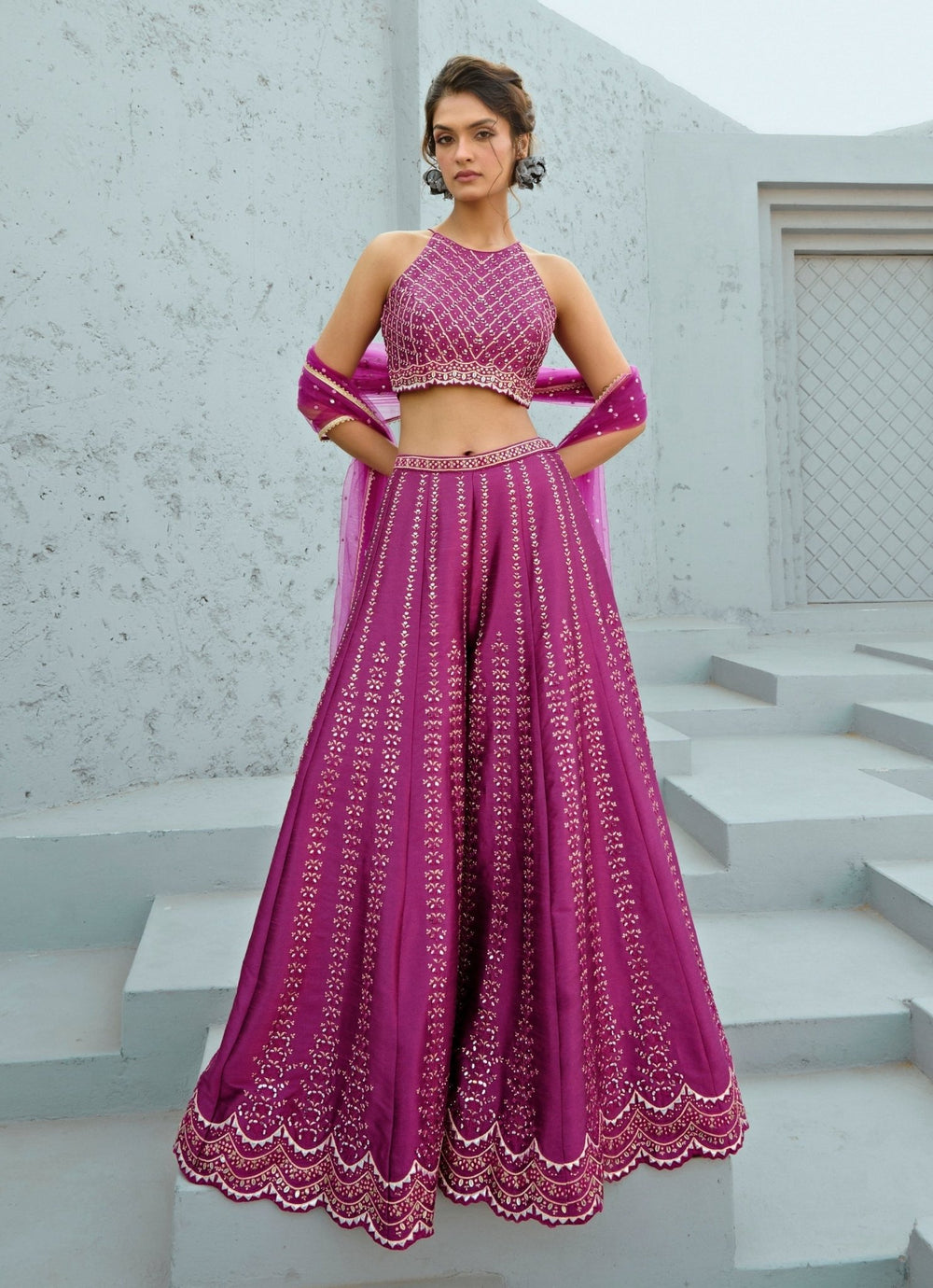 Hot Pink Embroidered Silk Blouse Palazzo Set Chamee and Palak - Fabilicious Fashion