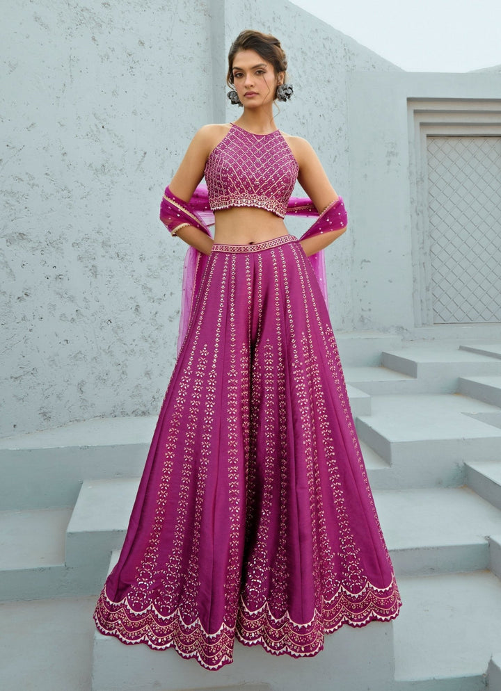 Hot Pink Embroidered Silk Blouse Palazzo Set Chamee and Palak - Fabilicious Fashion