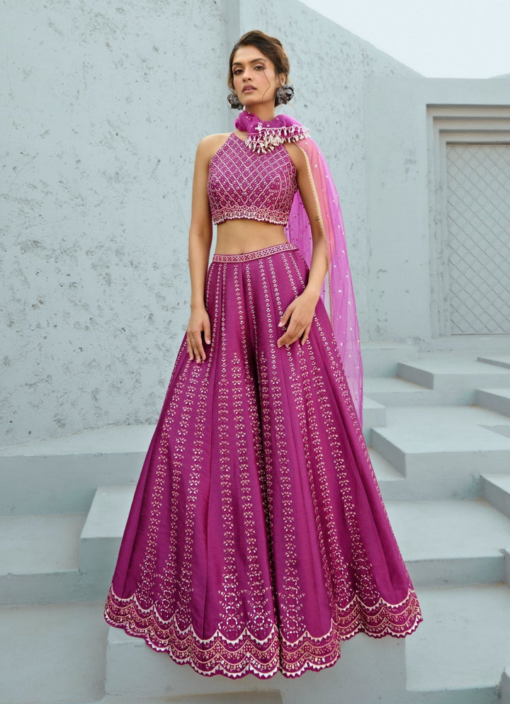 Hot Pink Embroidered Silk Blouse Palazzo Set Chamee and Palak - Fabilicious Fashion