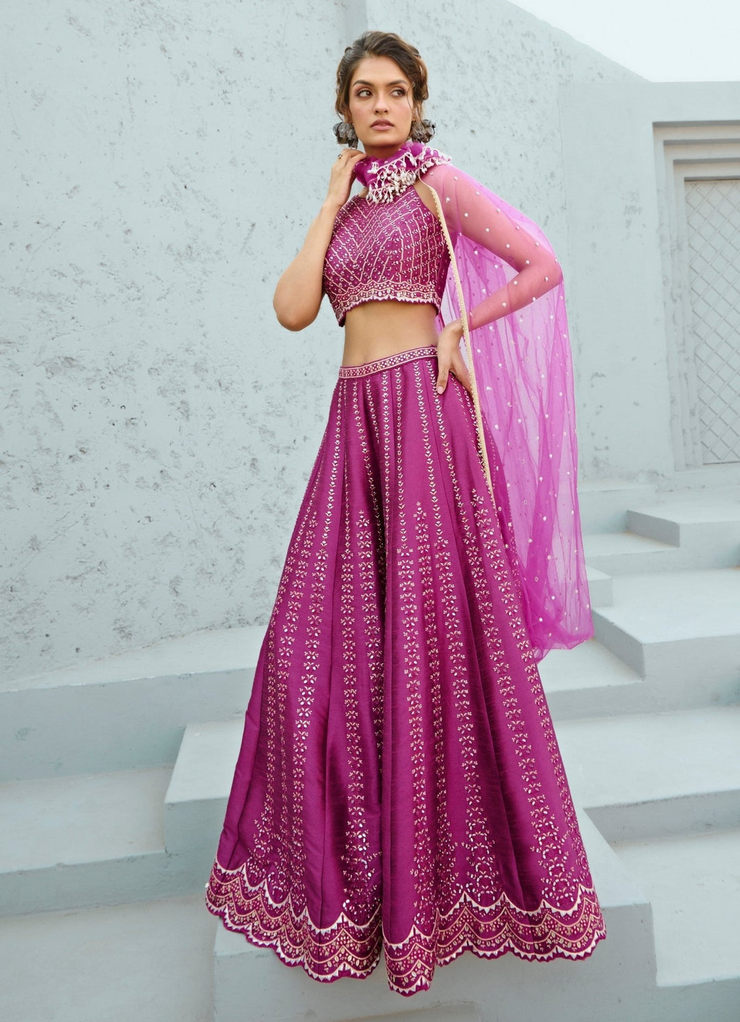 Hot Pink Embroidered Silk Blouse Palazzo Set Chamee and Palak - Fabilicious Fashion