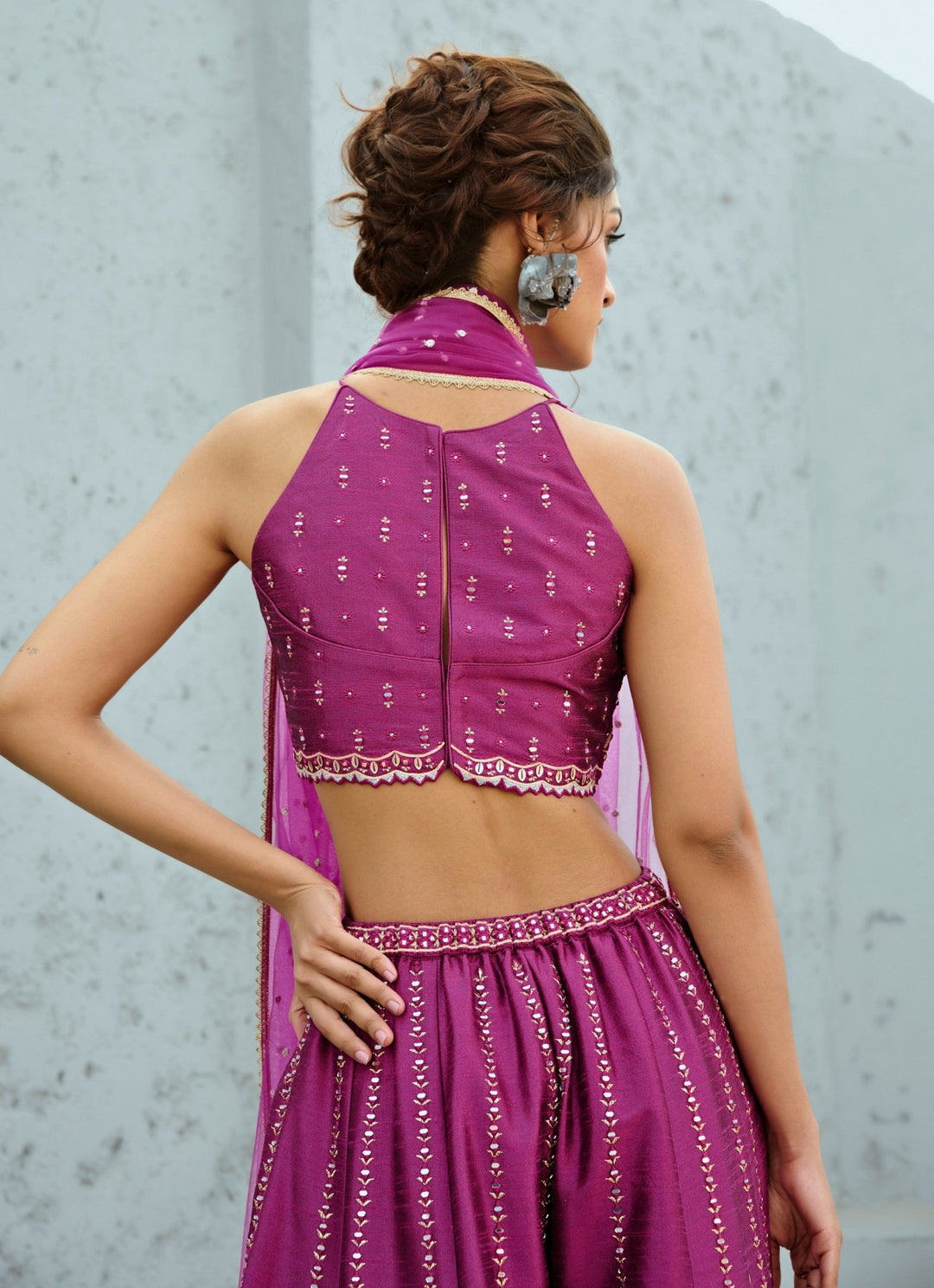 Hot Pink Embroidered Silk Blouse Palazzo Set Chamee and Palak - Fabilicious Fashion