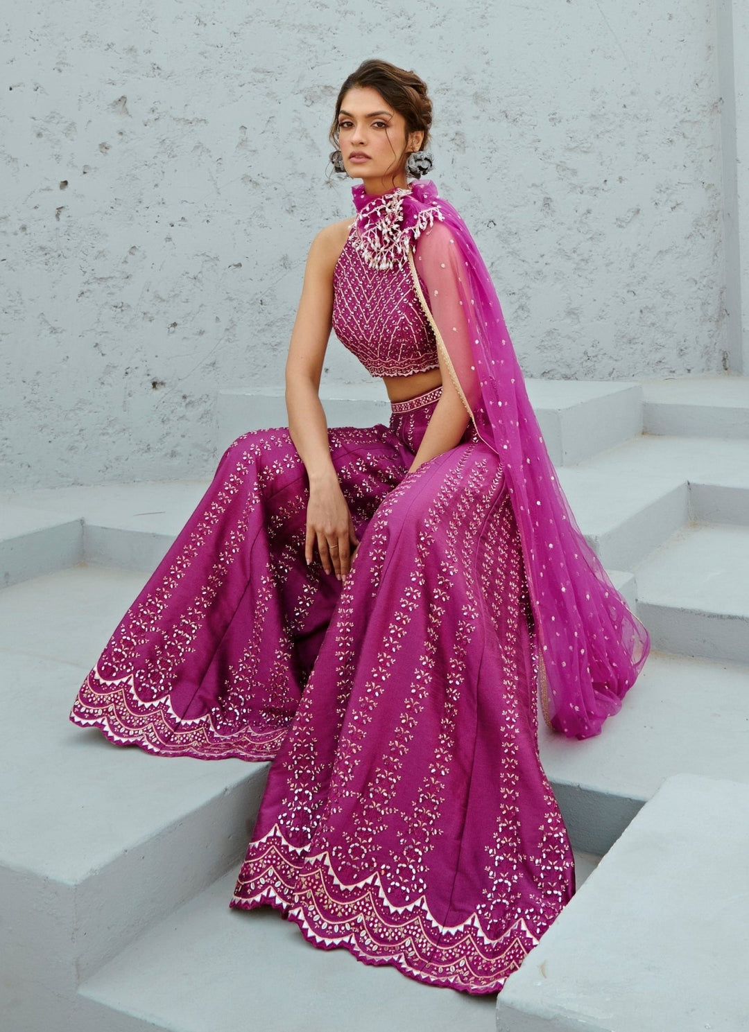 Hot Pink Embroidered Silk Blouse Palazzo Set Chamee and Palak - Fabilicious Fashion