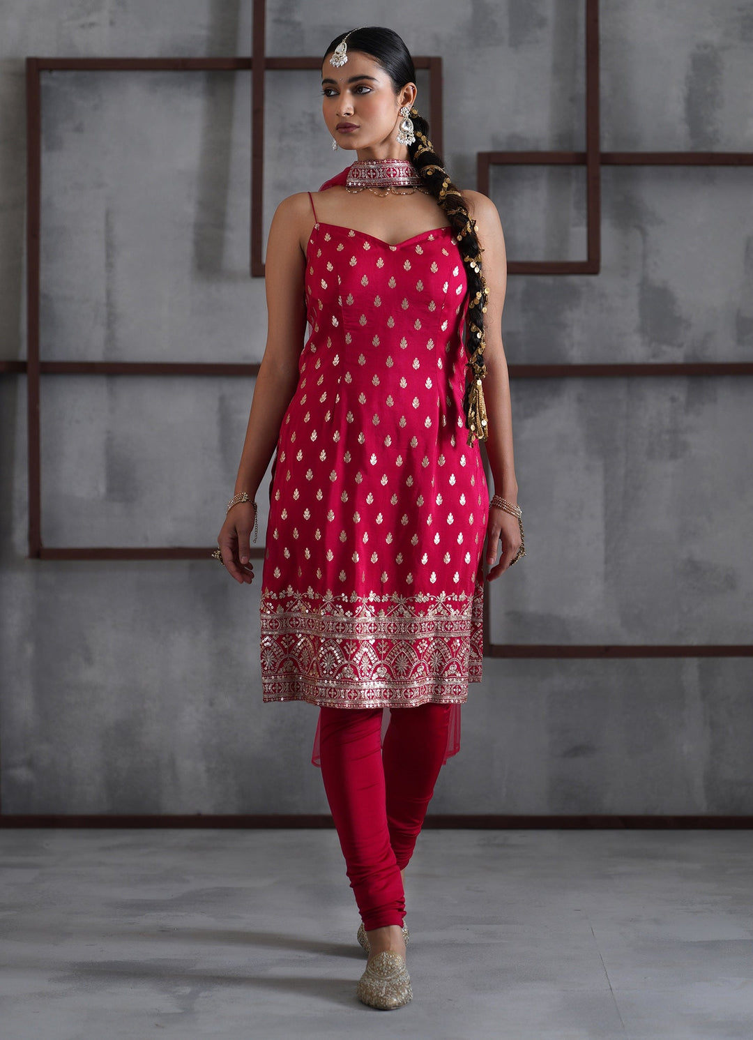 Hot Pink Embroidered Silk Kurta Churidar Set Deepika Chadha - Fabilicious Fashion
