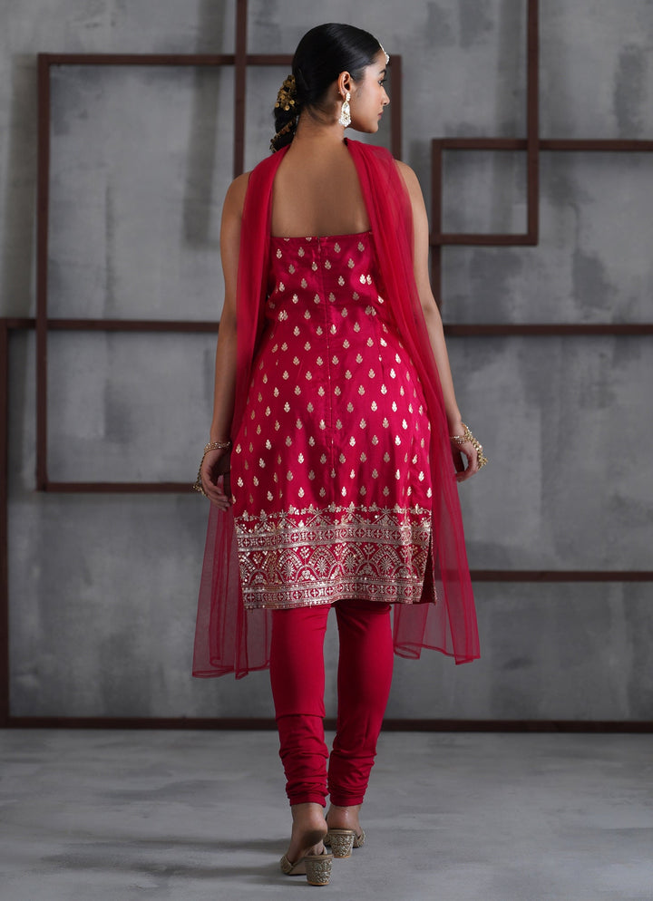 Hot Pink Embroidered Silk Kurta Churidar Set Deepika Chadha - Fabilicious Fashion