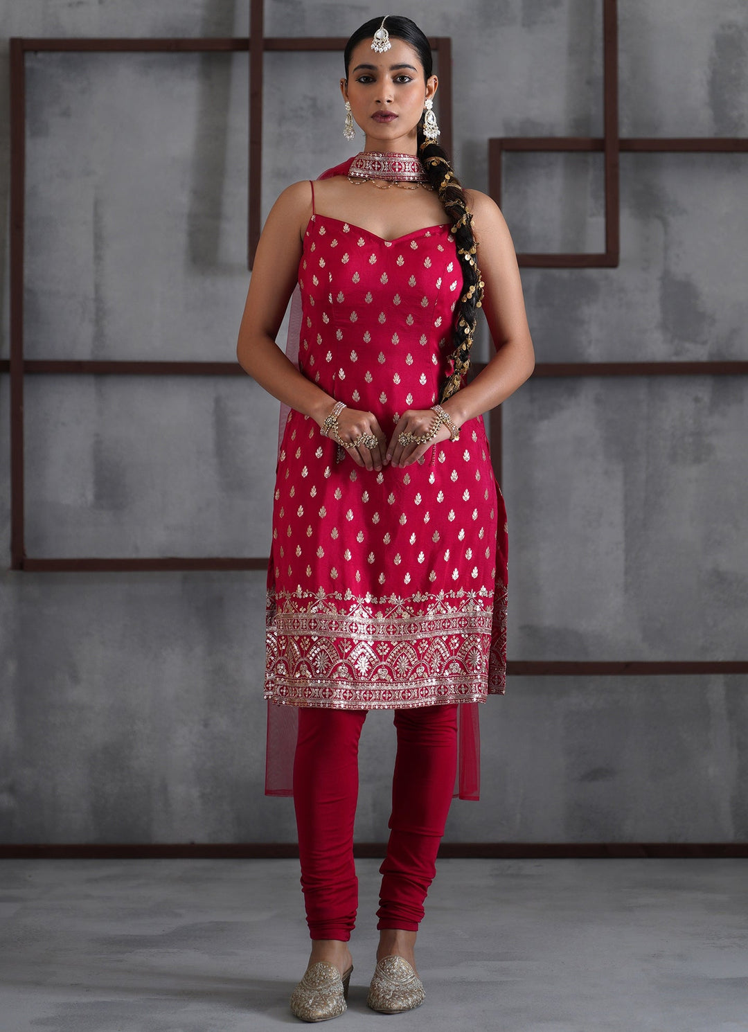 Hot Pink Embroidered Silk Kurta Churidar Set Deepika Chadha - Fabilicious Fashion