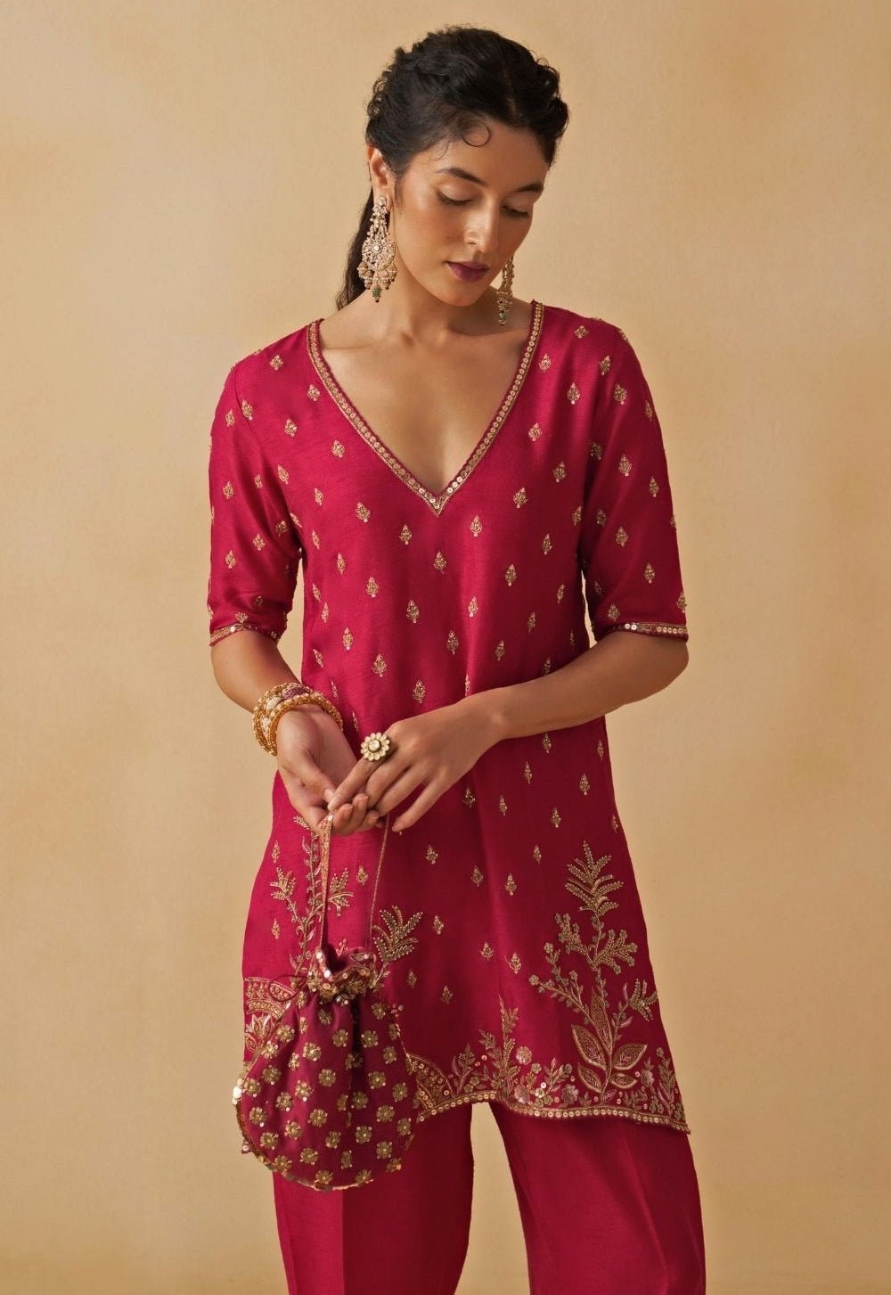 Hot Pink Embroidered Silk Kurta Salwar Set Prevasu - Fabilicious Fashion