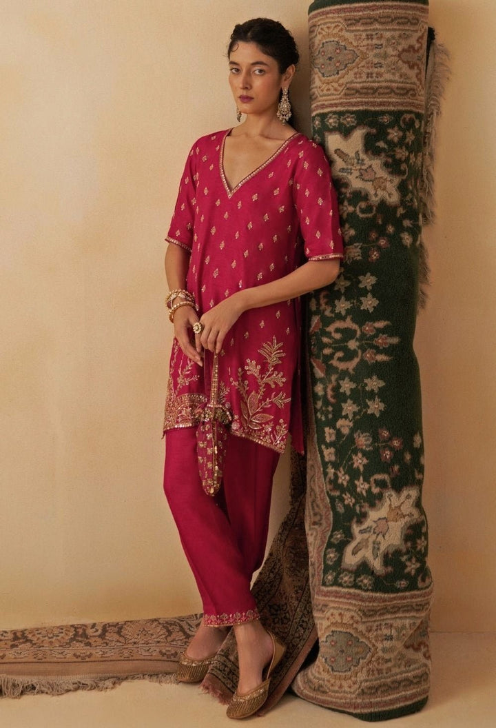 Hot Pink Embroidered Silk Kurta Salwar Set Prevasu - Fabilicious Fashion
