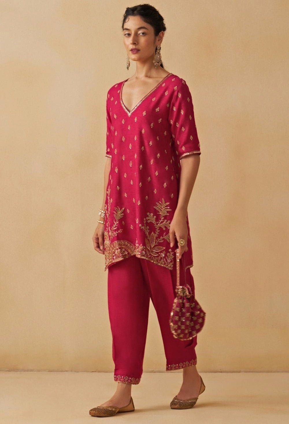 Hot Pink Embroidered Silk Kurta Salwar Set Prevasu - Fabilicious Fashion