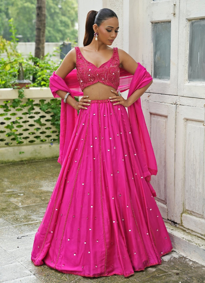 Hot Pink Embroidered Silk Lehenga Set Enamour by Radha - Fabilicious Fashion