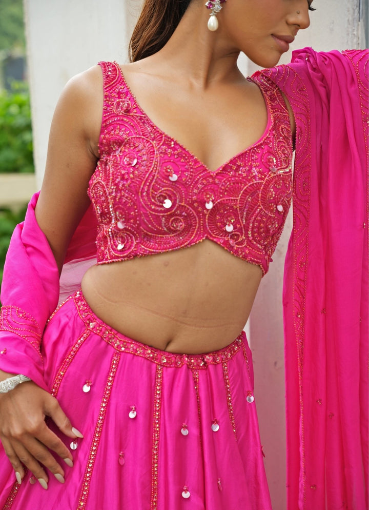 Hot Pink Embroidered Silk Lehenga Set Enamour by Radha - Fabilicious Fashion