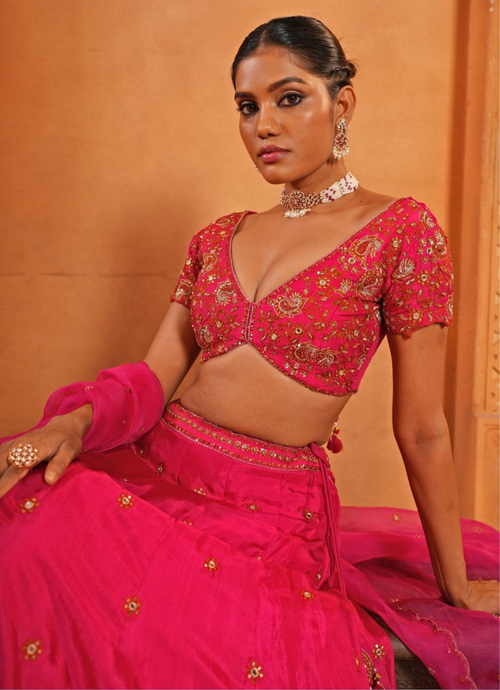 Hot Pink Embroidered Silk Lehenga Enamour by Radha - Fabilicious Fashion