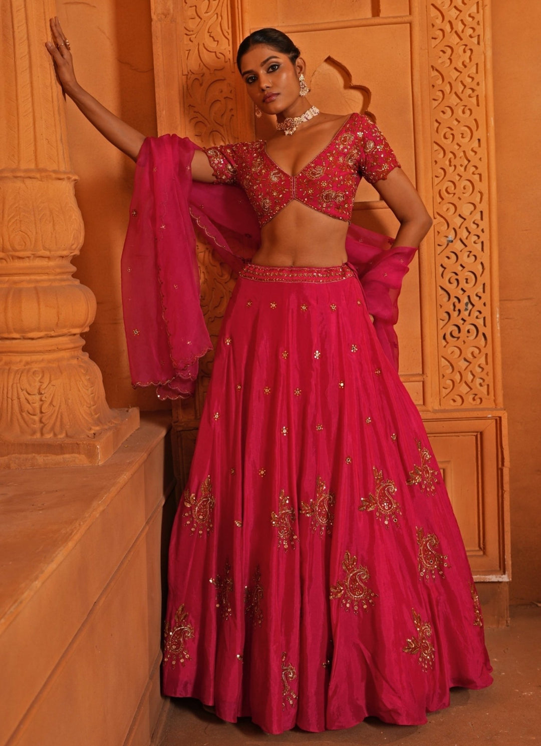 Hot Pink Embroidered Silk Lehenga Enamour by Radha - Fabilicious Fashion