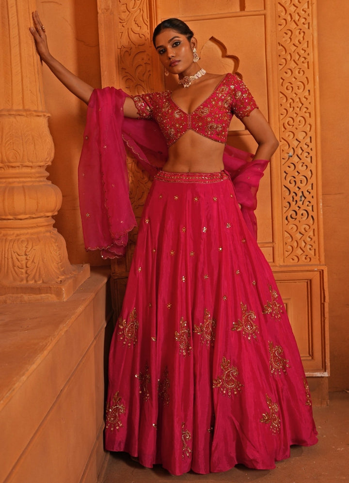 Hot Pink Embroidered Silk Lehenga Enamour by Radha - Fabilicious Fashion