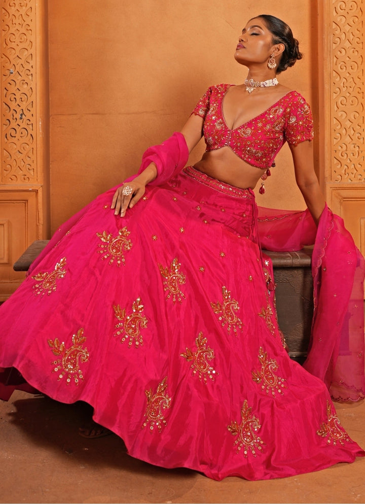 Hot Pink Embroidered Silk Lehenga Enamour by Radha - Fabilicious Fashion