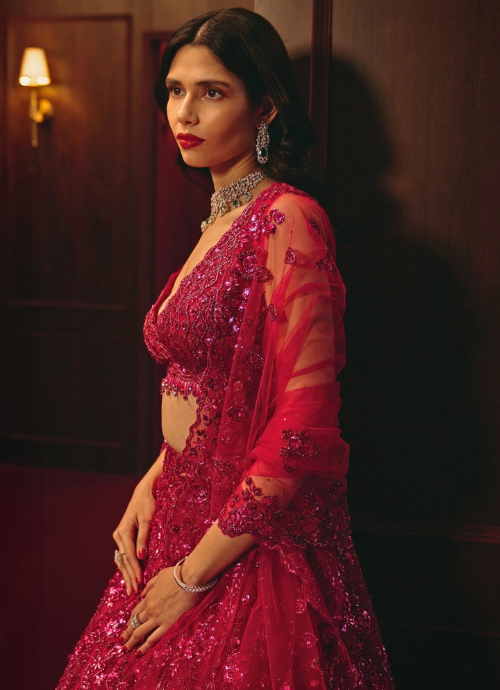 Hot Pink Embroidered Soft Net Lehenga Angad Singh - Fabilicious Fashion