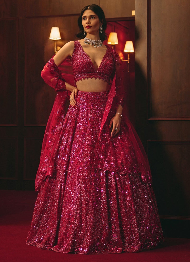 Hot Pink Embroidered Soft Net Lehenga Angad Singh - Fabilicious Fashion