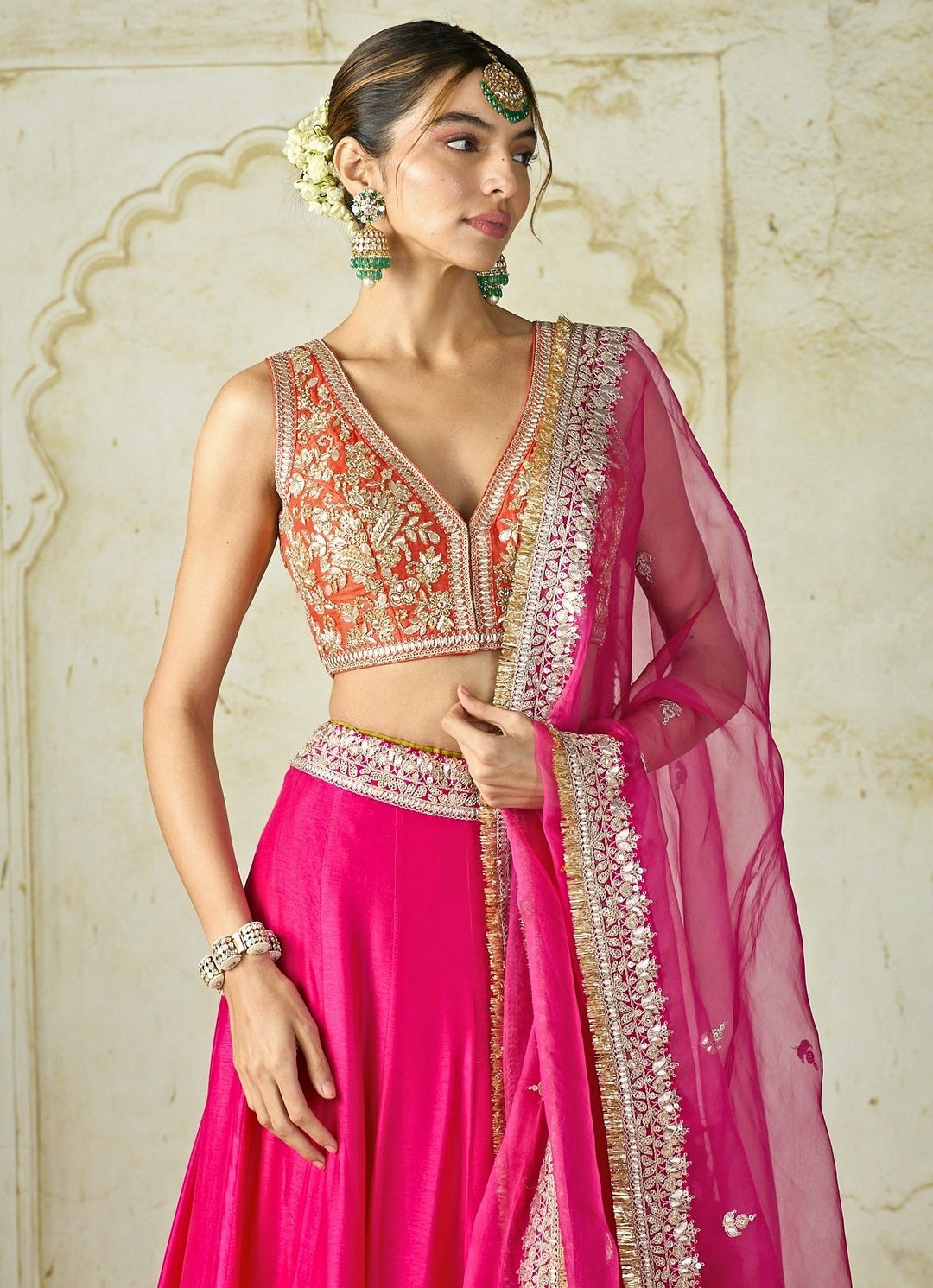 Gopi Vaid Hot Pink Embroidered Tussar Bridal Lehenga SetFabilicious Fashion