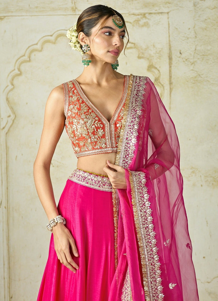 Gopi Vaid Hot Pink Embroidered Tussar Bridal Lehenga SetFabilicious Fashion