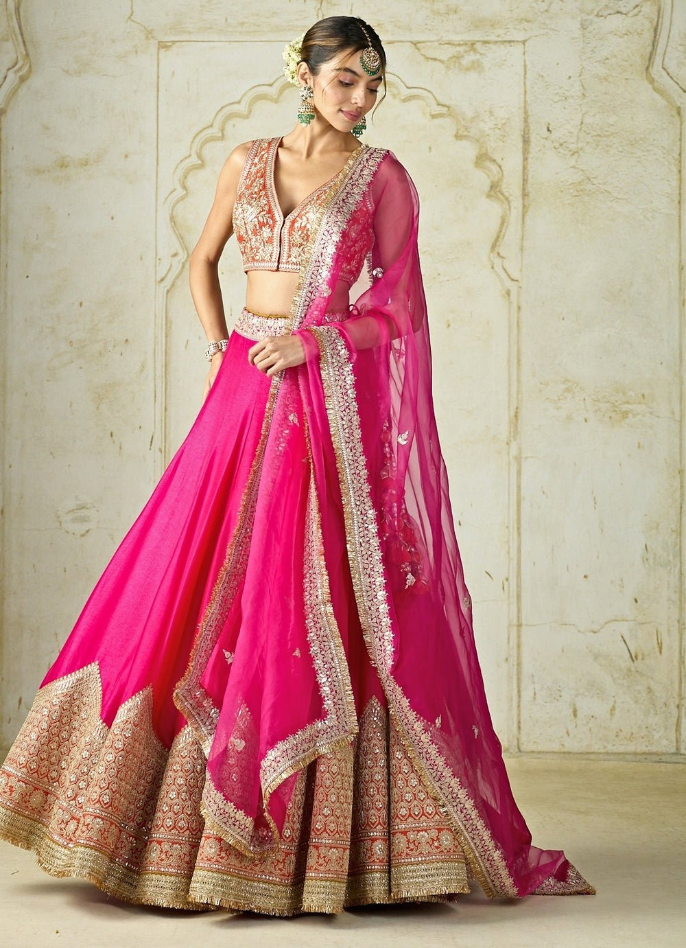 Gopi Vaid Hot Pink Embroidered Tussar Bridal Lehenga SetFabilicious Fashion