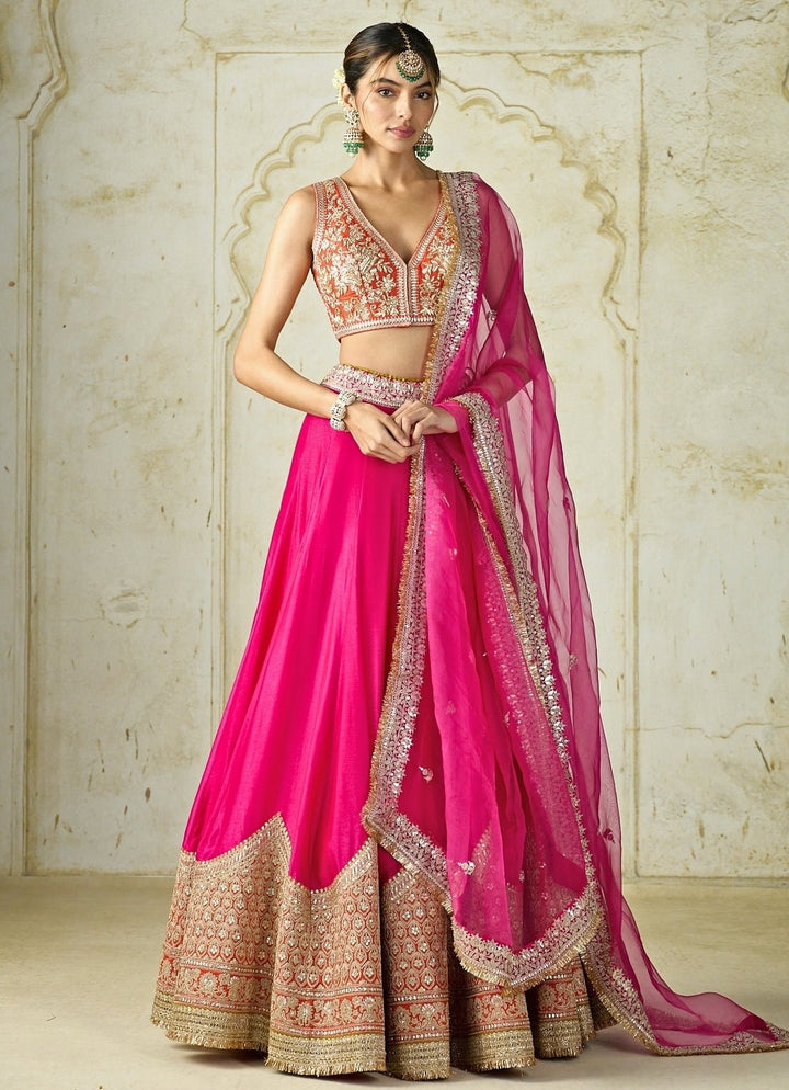 Gopi Vaid Hot Pink Embroidered Tussar Bridal Lehenga SetFabilicious Fashion