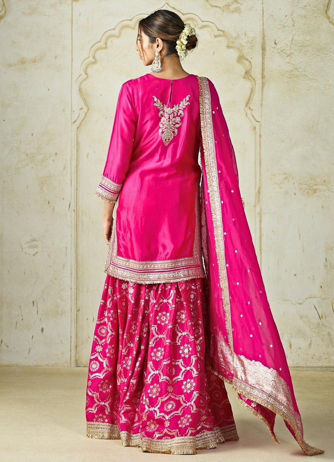 Gopi Vaid Hot Pink Embroidered Tussar Kurta Sharara SetFabilicious Fashion
