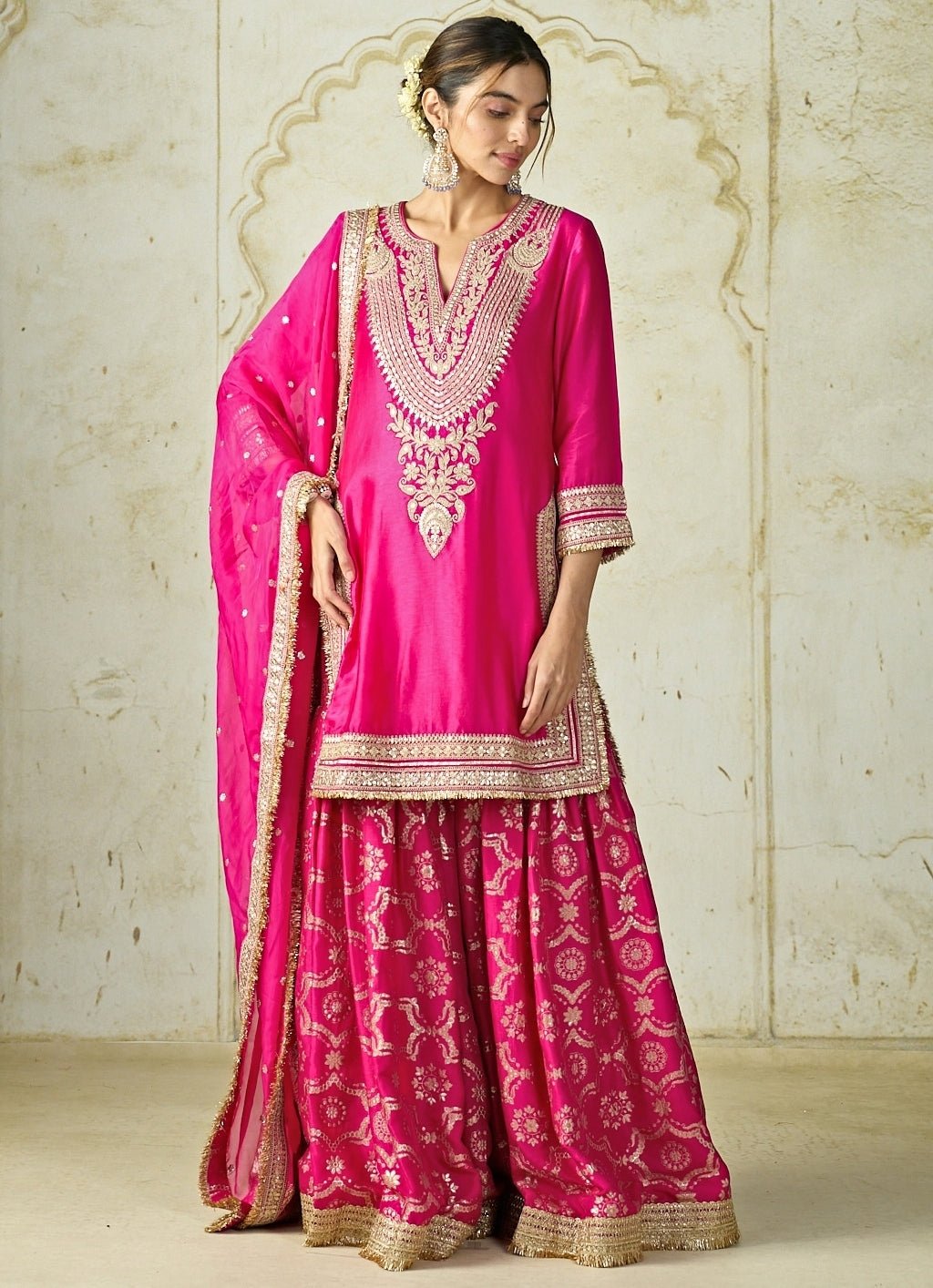 Gopi Vaid Hot Pink Embroidered Tussar Kurta Sharara SetFabilicious Fashion