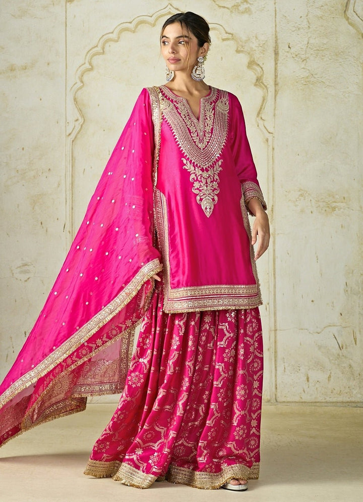 Gopi Vaid Hot Pink Embroidered Tussar Kurta Sharara SetFabilicious Fashion