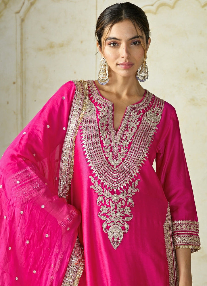 Gopi Vaid Hot Pink Embroidered Tussar Kurta Sharara SetFabilicious Fashion