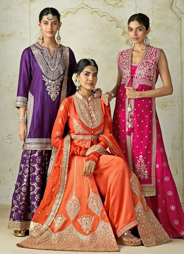 Gopi Vaid Hot Pink Embroidered Tussar Kurta Sharara SetFabilicious Fashion