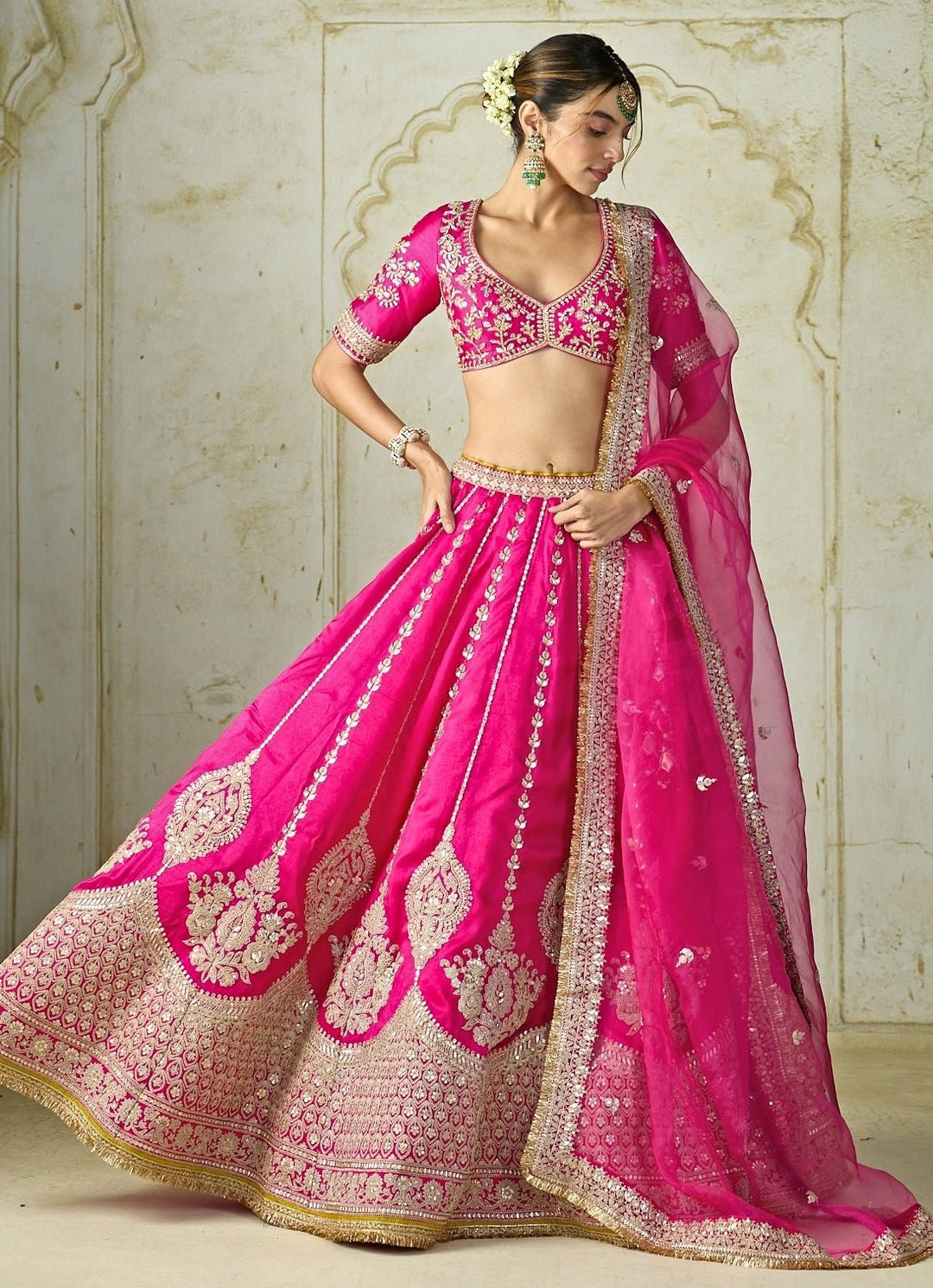 Gopi Vaid Hot Pink Embroidered Tussar Lehenga SetFabilicious Fashion