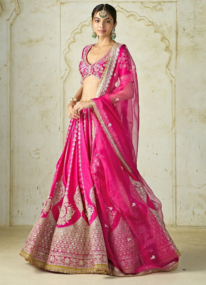 Gopi Vaid Hot Pink Embroidered Tussar Lehenga SetFabilicious Fashion