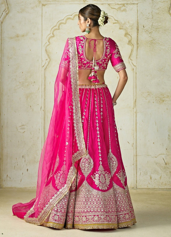 Gopi Vaid Hot Pink Embroidered Tussar Lehenga SetFabilicious Fashion