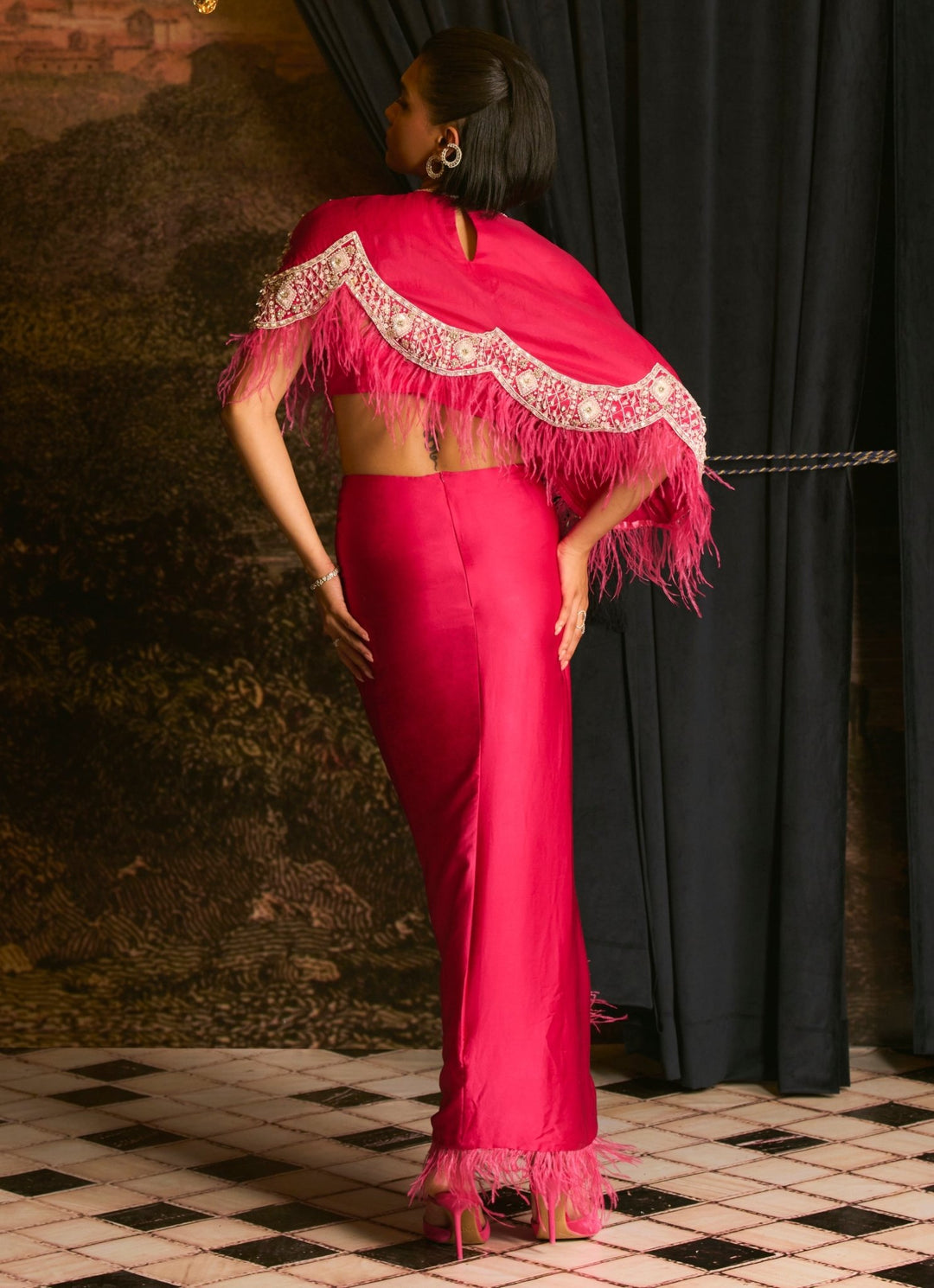 Hot Pink Feather Embellished Drape Skirt With Cape Set Mani Bhatia - Fabilicious Fashion