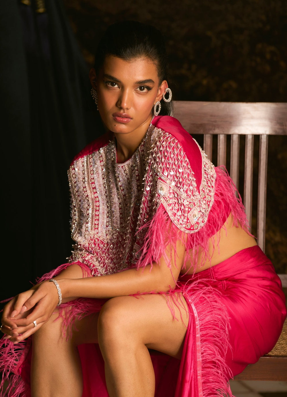 Hot Pink Feather Embellished Drape Skirt With Cape Set Mani Bhatia - Fabilicious Fashion