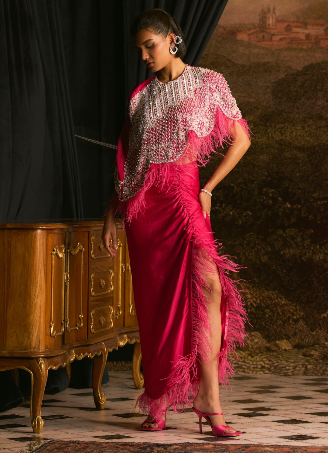 Hot Pink Feather Embellished Drape Skirt With Cape Set Mani Bhatia - Fabilicious Fashion