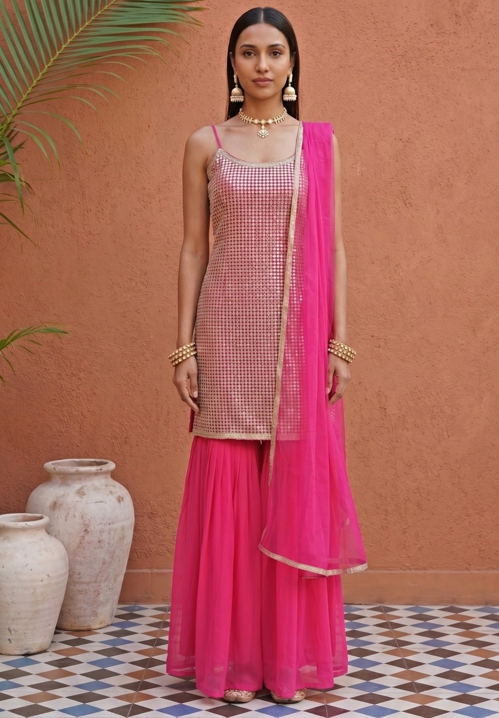 Hot Pink Georgette Kurta Sharara Set Anisha Shetty - Fabilicious Fashion