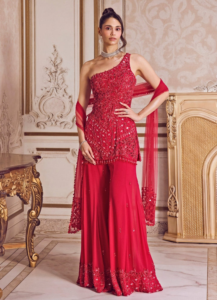 Hot Pink Georgette One Shoulder Kurta Pants Set Sanya Gulati - Fabilicious Fashion