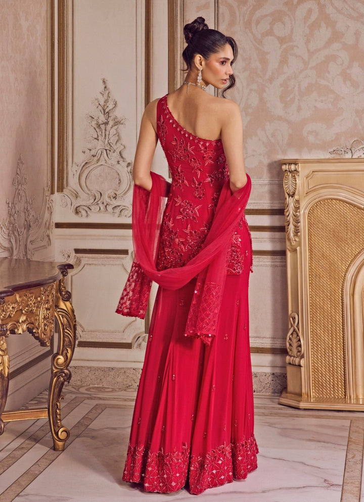 Hot Pink Georgette One Shoulder Kurta Pants Set Sanya Gulati - Fabilicious Fashion