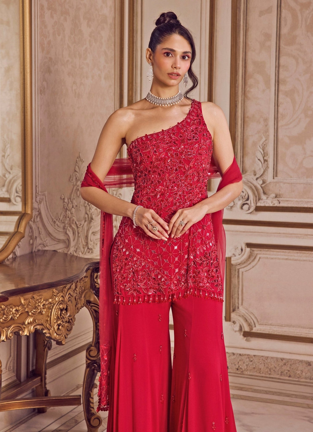 Hot Pink Georgette One Shoulder Kurta Pants Set Sanya Gulati - Fabilicious Fashion