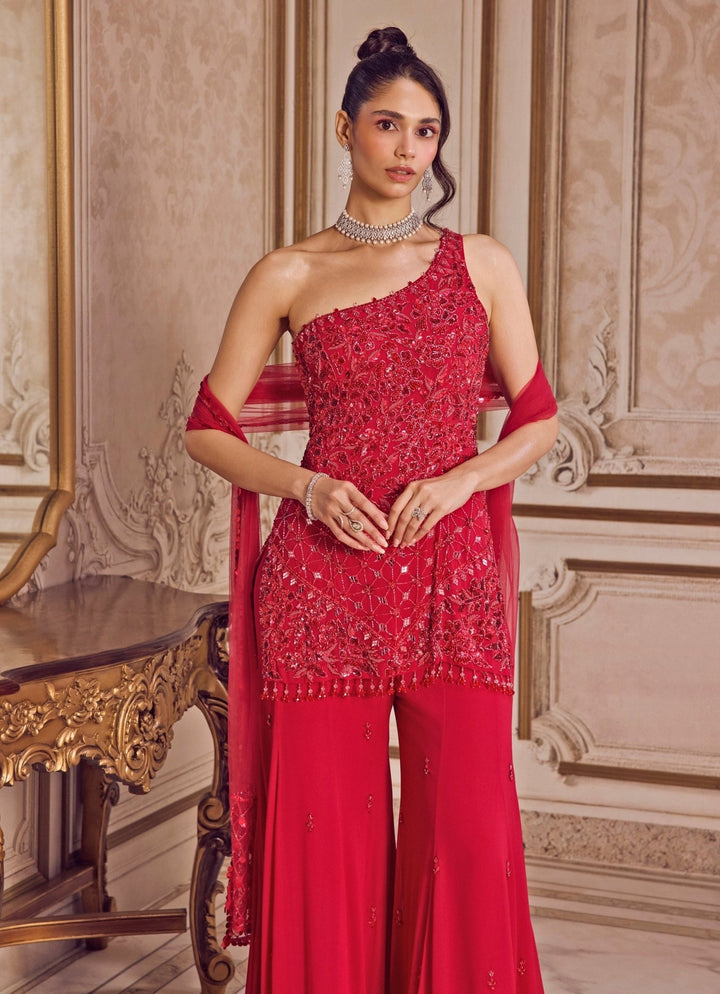 Hot Pink Georgette One Shoulder Kurta Pants Set Sanya Gulati - Fabilicious Fashion