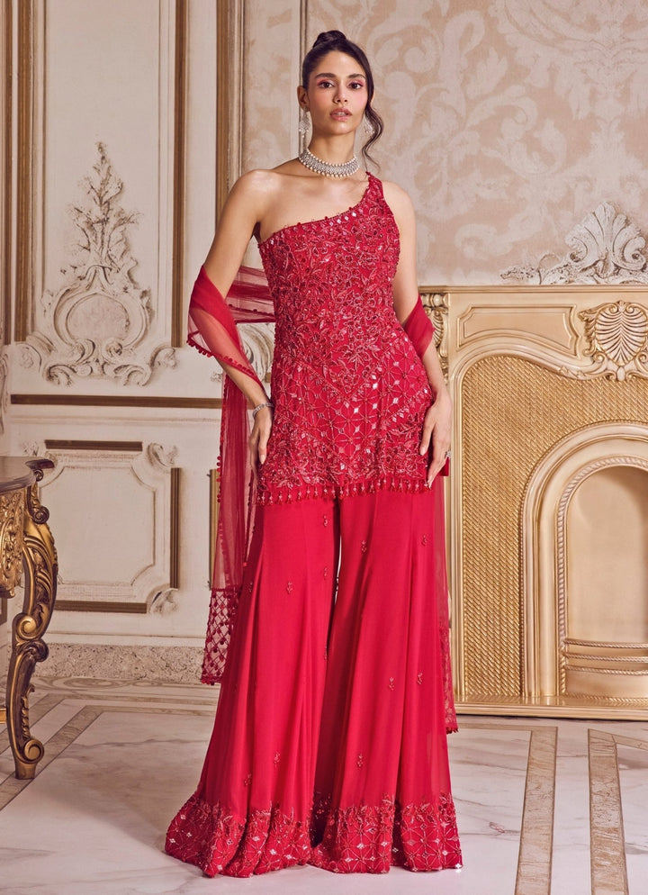 Hot Pink Georgette One Shoulder Kurta Pants Set Sanya Gulati - Fabilicious Fashion